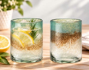 Hand Blown Recycled Glass Cocktail Tumblers, Sea Blue Mexican Artisan Set (2)