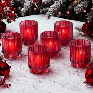 Red Glass Candle Holders Set of 6, Ribbed Glass Votive Tealight Holders, Candle Holder Wedding Decor, Candle Holder Wedding Center Piece