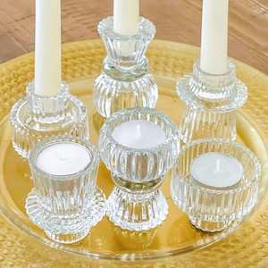 Clear Glass Ribbed Candlestick Tealight Holders Set of 6, Glass Candle Stick Votive Candle Holder, Candle Holder Centerpiece Wedding Decor