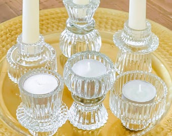 Clear Glass Ribbed Tealight Candlestick Holders (Set of 6), Wedding Reception Centerpiece