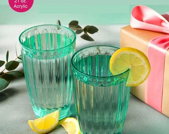 Acrylic Teal Cocktail Tumblers (Set of 8), Shatterproof 21 oz Outdoor Party Drink Cups