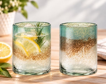 Hand Blown Recycled Glass Cocktail Tumblers, Sea Blue Mexican Artisan Set (2)