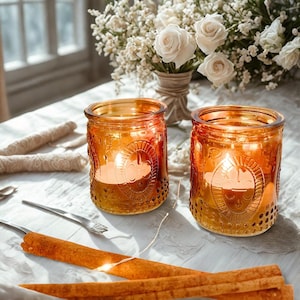 Vintage Style Amber Glass Tea Light Votive Candle Holder Set of 4, Tealight Holder Fleur De Lis Design, Candle Holder Wedding Centerpiece
