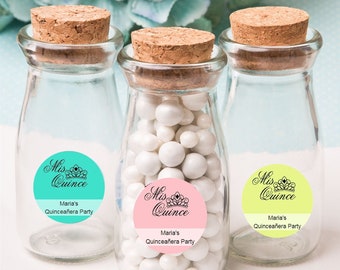 12+ Milk Bottles Candy Jars Quinceañera Party Favors, Personalized Mis Quince Sticker, Mini Glass Milk Bottle Quinceañera  Party Favors