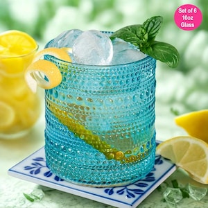 Drinkware Set of 6 (10 oz) Beaded Aqua Blue Drinking Glass, Cocktail Drink Glass, Glassware Set, Barware Gift Idea, Drinkware Gift Set