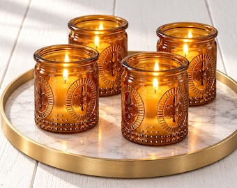 Amber Glass Tea Light Holder Set: Vintage Style Fleur De Lis Wedding Centerpiece