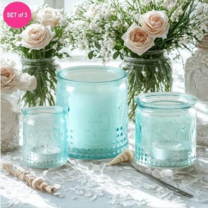 Vintage Style Blue Glass Tea Light Candle Holders (Set of 3), Candle Holder Home Decor, Tealight Holders Wedding Reception Decoration