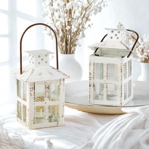 Mini Lantern White Distressed Finish, Tea Light Candle Lantern, Rustic Barn Wedding Decor, Reception Table Centerpiece, Mini Wedding Lantern