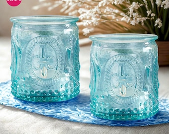 Aqua Blue Embossed Glass Votive Holders (Set of 8) – Fleur De Lis Decor