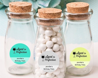 12+ Milk Bottles Candy Jars Birthday Party Favors, Personalized Aged To Perfection Sticker, Mini Milk Bottles 3,5 oz, Birthday Party Favors