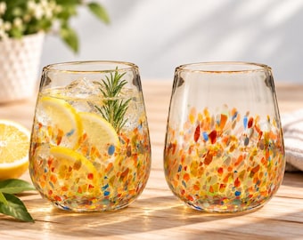 Hand Blown Recycled Glass Stemless Wine Glasses, Multicolor Speckled Tumblers (Set of 2)