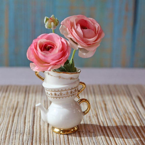 Whimsical Teacup & Teapot Bud Vase Set: Gold Ceramic Tea Party