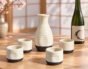 Hand Painted Ceramic Sake Set: Four 3.5 oz cups and one 8 oz carafe