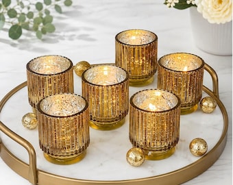Gold Ribbed Glass Votive Candle Holders - Set of 6 - Wedding Centerpieces