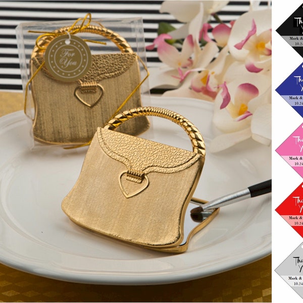 Gold Purse Compact Mirror Bridal Shower Party Favors, Bridesmaid Gifts, Sweet 16, Quinceañera, Purse Shape Folding Cosmetic Mirror Favors