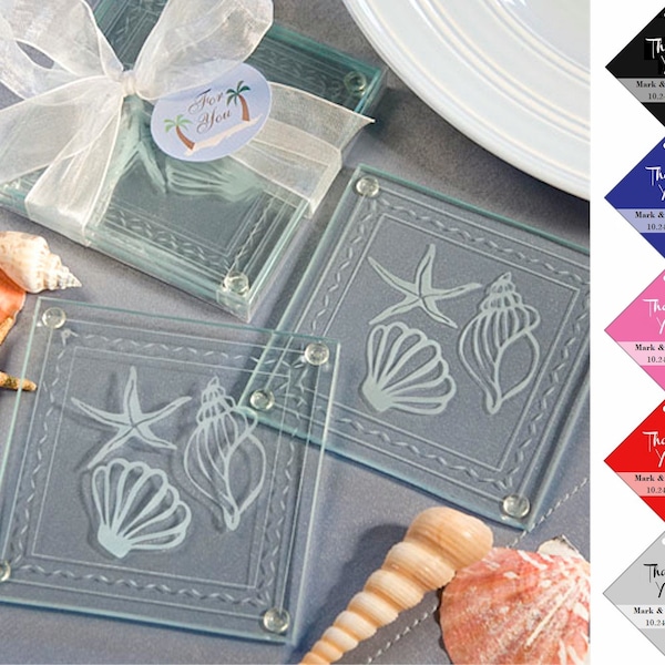 Beach Themed Glass Coasters Set of 2, Shell Conch Starfish Design, Tropical Coasters, Beach Wedding Party Coaster Favors