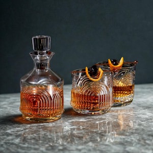 May include: A clear glass decanter with a stopper and two matching lowball glasses filled with a brown liquid. The glasses are garnished with orange peel and cherries. The glassware has a decorative, arched design.