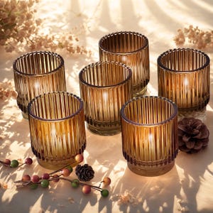Amber Glass Votive Candle Holder Set of 6, Candle Holder Center Piece, Holiday Tablescape Tealight Holder, Wending Table Candle Decor