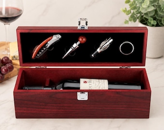 Cherry Wood Wine Lover Gift Box Set, Corkscrew, Pourer, Stopper, Drip Ring, Barware Tool