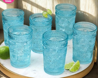 Vintage Aqua Textured Glassware Set (Set of 6) - 13 oz Cocktail Glasses