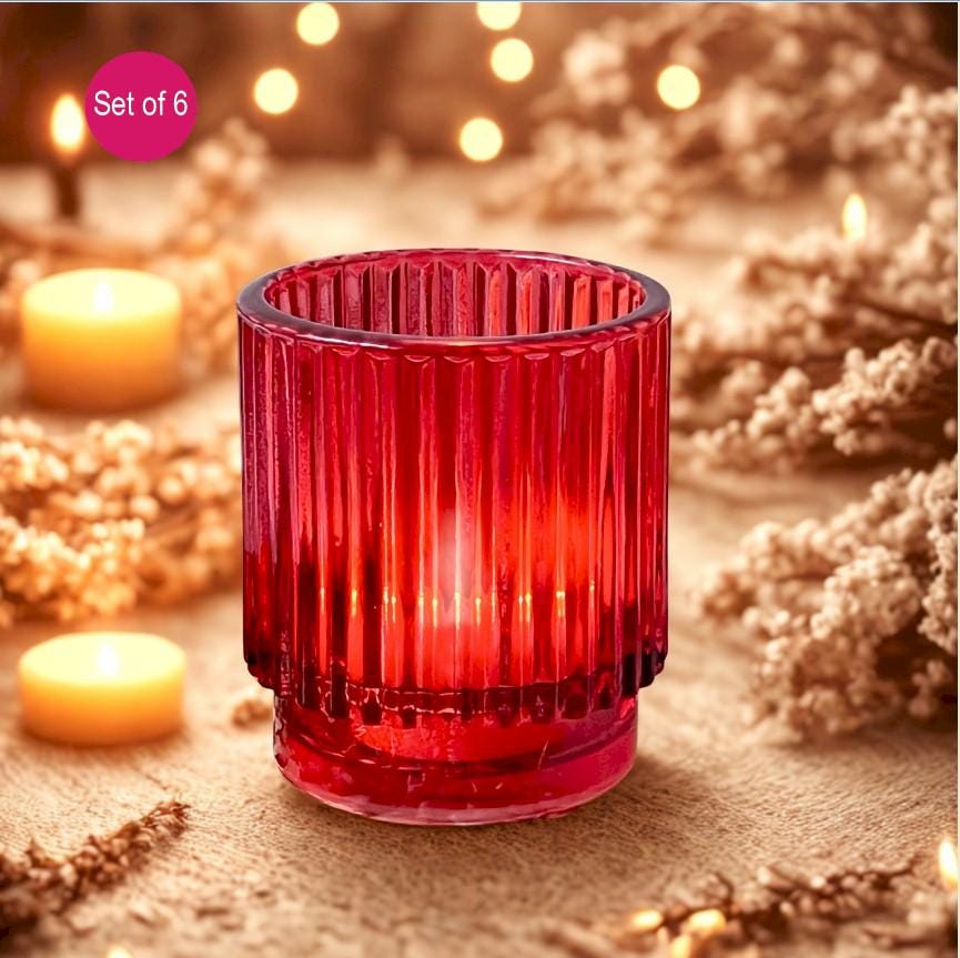 Red Ribbed Glass Votive Candle Holders - Set of 6 - Wedding Decoration ...