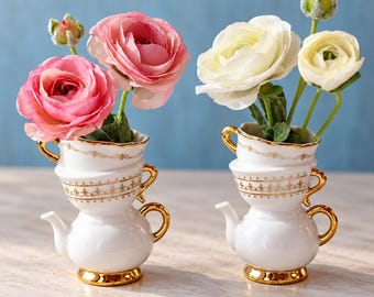 Whimsical Teacup & Teapot Bud Vase Set: Gold Ceramic Tea Party Decor