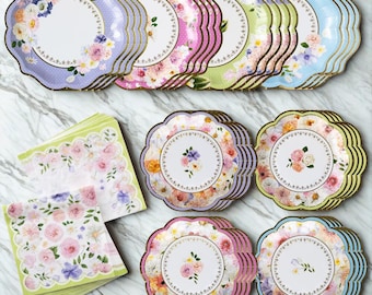 Tea Party Disposable Tableware Set 62 Piece (16 Guests): Paper Plates and Napkins