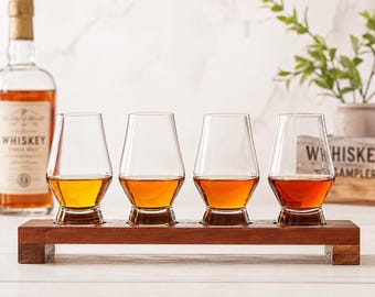 Crystal Whiskey Tasting Set with 4 Glasses and Wood Board, Barware Gift