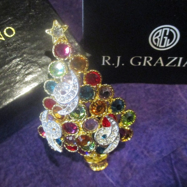 Exquisite R J GRAZIANO MILLENNIUM Christmas Tree Pin BOX Card Rare Swarovski Crystals Rhinestone Signed Brooch Book Piece Crescent Swirls #2