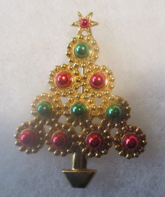 LIA Christmas Tree Pin Rich Red Green Enamel Beads Adorn Tree With