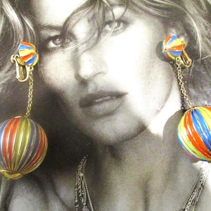 VENDOME 3.25" Drop Ball Earrings SUPeR RARE Statement 60s TWIGGY Disco Enamel Stripe Drops Blue Lemon Reddish Tangerine Mid Century McM Set