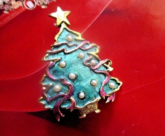 OLIT Inc Christmas Tree Pin Brooch Green Red Enam… - image 1