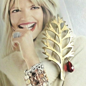 3" MYLU Ruby Red Crystal Christmas Tree Brooch Pin 1960's Dangle Faceted AB Swarovski Crystal Rich Florentine Gold Pl Rare Book Piece EXLNT