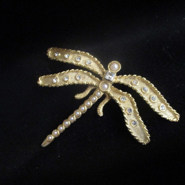 MASSIVE Minty YOSCA 4.25" Dragonfly Brooch ONLY Rhinestones Crystals Pearls Gold Pl Insect Moghul Couture Runway Statement 1980's McM Rare