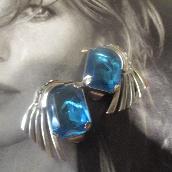 Paris France ZOE COSTE FaN Earrings Massive AvANTE GARDE ArT DeCO Rich Vibrant Blue Headlight Crystal Rhinestone Reminiscence Runway Couture