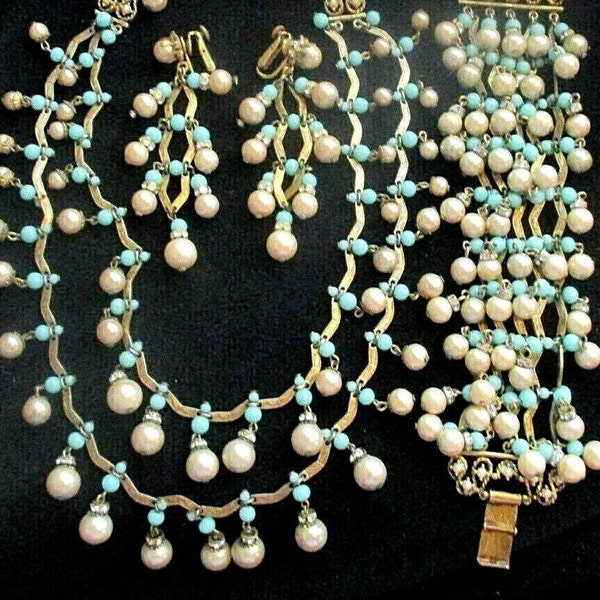 VENDOME Rare 3.5" Chandelier Earrings Necklace Bracelet Cha Cha Charm Dangle Rhinestones Turquoise Glass Beads Pearl Rare 1950's Set EUC Lot