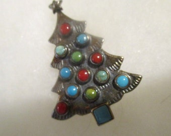 PEYOTE BIRD Sterling Silver Gem Christmas Tree Pin Turquoise Carnelian Coral Signed 925 PB Southwestern Out West Design Style Gorgeous Rare