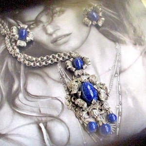 RAREST NAPIER 4.5" Lapis Blue Charm Pendant Necklace Earrings 1964 Art Nouveau Renaissance Ornate Repousse Silver Curled Leaves Articulated