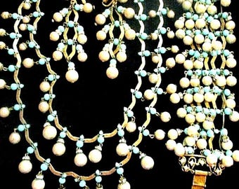 VENDOME Rare 3.5" Chandelier Earrings Necklace Bracelet Cha Cha Charm Dangle Rhinestones Turquoise Glass Beads Pearl Rare 1950's Set EUC Lot