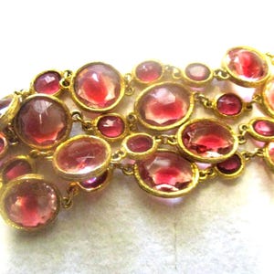 ACCESSOCRAFT NECKLACE Raspberry Pink Give Crystal Glass 27" 30 Crystals Flapper Faceted Round Oval Rhinestone Gold MCM Mid Century Sautoir