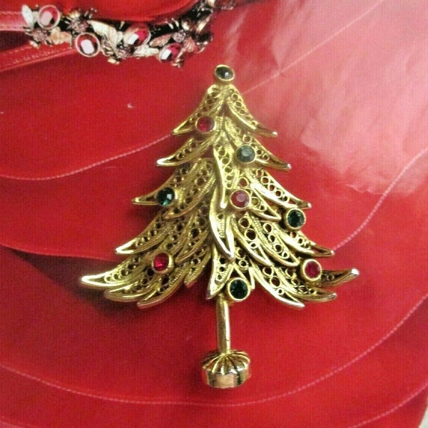 AVANTE Christmas Tree Pin 1960's Book Piece Upswept Filigree Branches Dotted Rhinestone Ornaments Rich Rustic Antiqued Gold Beauty Elxnt  #2