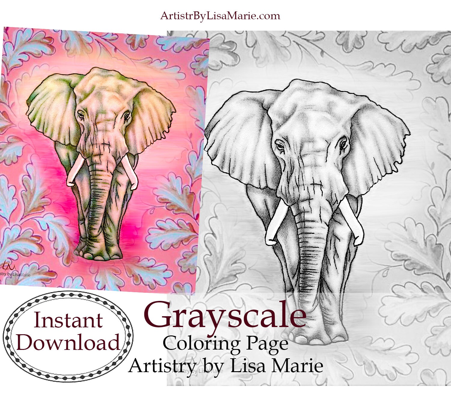 Download Elephant Adult Coloring Book Page Grayscale Digital Adult Etsy