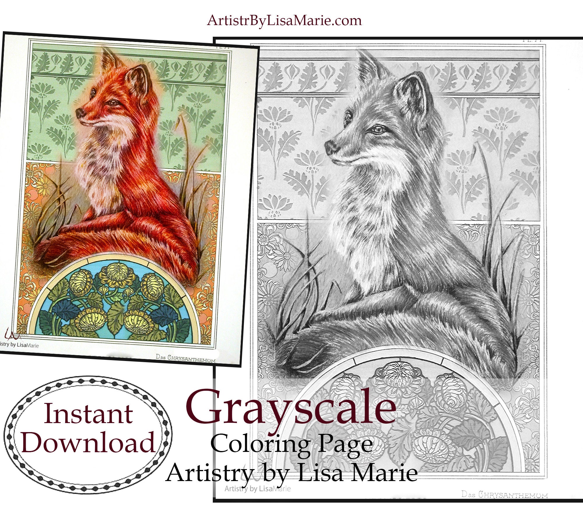 Fox Art, Pages de coloriage en niveaux de gris imprimables, Pages