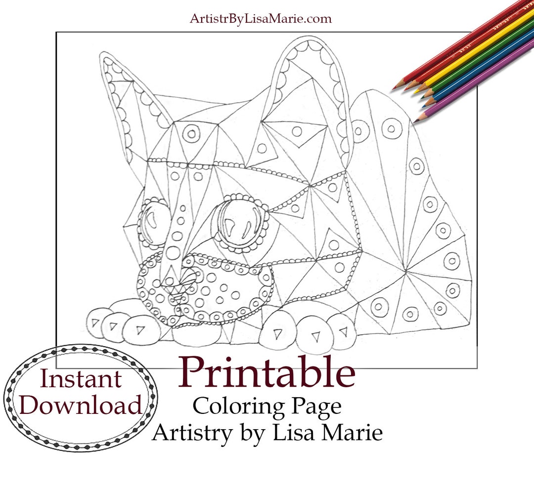 Coloring Sheet, Geometric Cat Adult Coloring Page, Instant Download