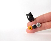 Black cat + three studs (orange paw/black/spiderweb)  - polymer clay jewelry - hand painted stud earrings - fake plug (NO113)