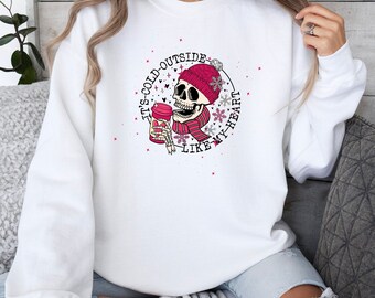 It's Cold Like My Heart Crewneck Sweatshirt, Skeleton With Coffee and Hearts, Funny Winter Sweater, Funny Valentine's Sweater For Singles