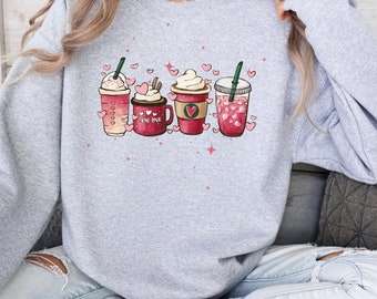 Coffee Cups Valentine Crewneck Sweatshirt, Frappuccino Valentine's Sweater, Valentine's Coffee with Hearts, Trendy Teacher Valentine Sweater