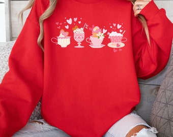 Valentine Tea Cup Crewneck Sweatshirt, Tea Cups With Hearts Sweater, Trendy Valentine's Top, Tea Lover Gift, Cute Teacher Valentines