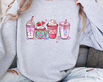 Coffee Cups Valentine Crewneck Sweatshirt, Frappuccino Valentine's Sweater, Valentine's Coffee with Hearts, Trendy Teacher Valentine Sweater