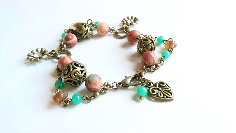 Jasper Bronze Flower Bracelet Hippy Bracelet Multistrand Boho Jewelry Gemstone Jewelry Boho Style Floral Orange Hippy Flower